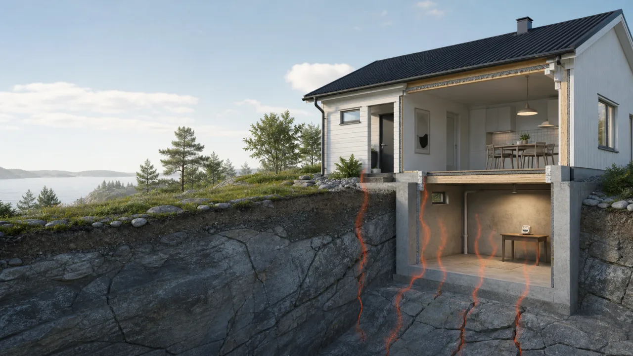 Illustration av radon som tränger upp från berggrund genom en husgrund.
